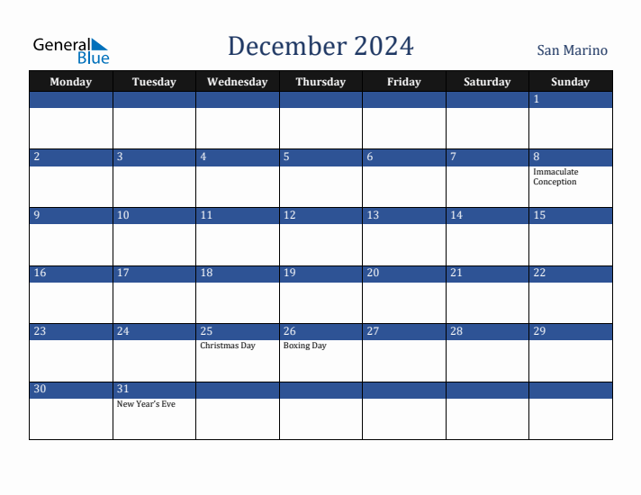 December 2024 San Marino Calendar (Monday Start)