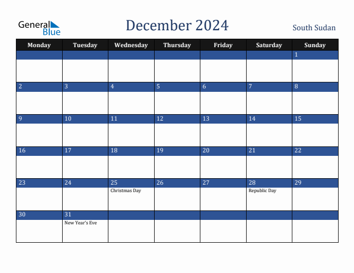 December 2024 South Sudan Calendar (Monday Start)