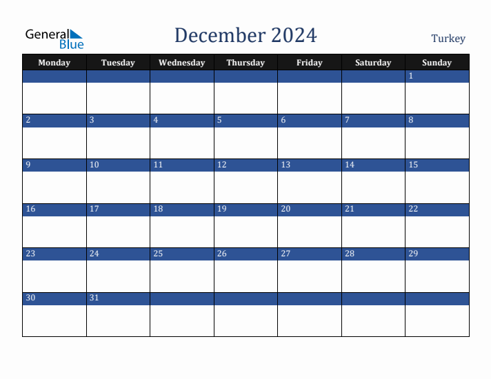December 2024 Turkey Calendar (Monday Start)