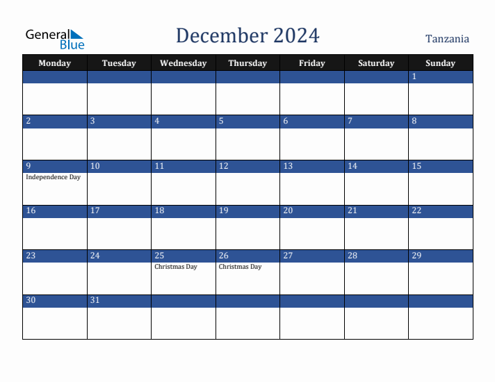 December 2024 Tanzania Calendar (Monday Start)