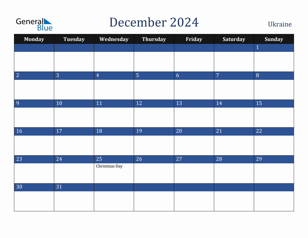 December 2024 Ukraine Holiday Calendar