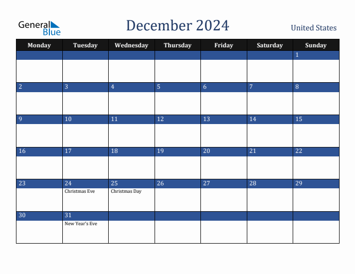December 2024 United States Calendar (Monday Start)