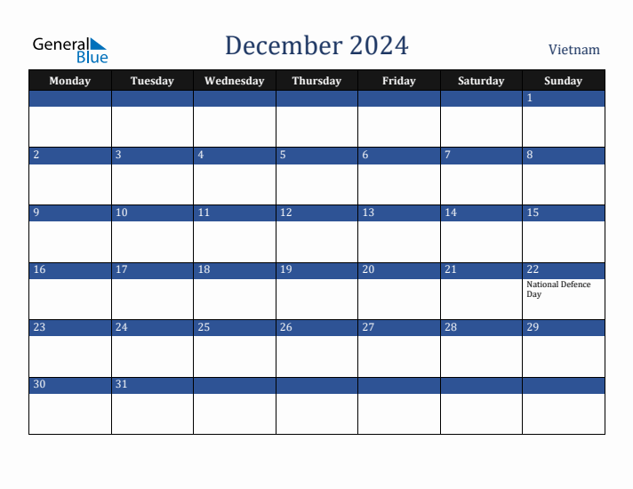 December 2024 Vietnam Calendar (Monday Start)