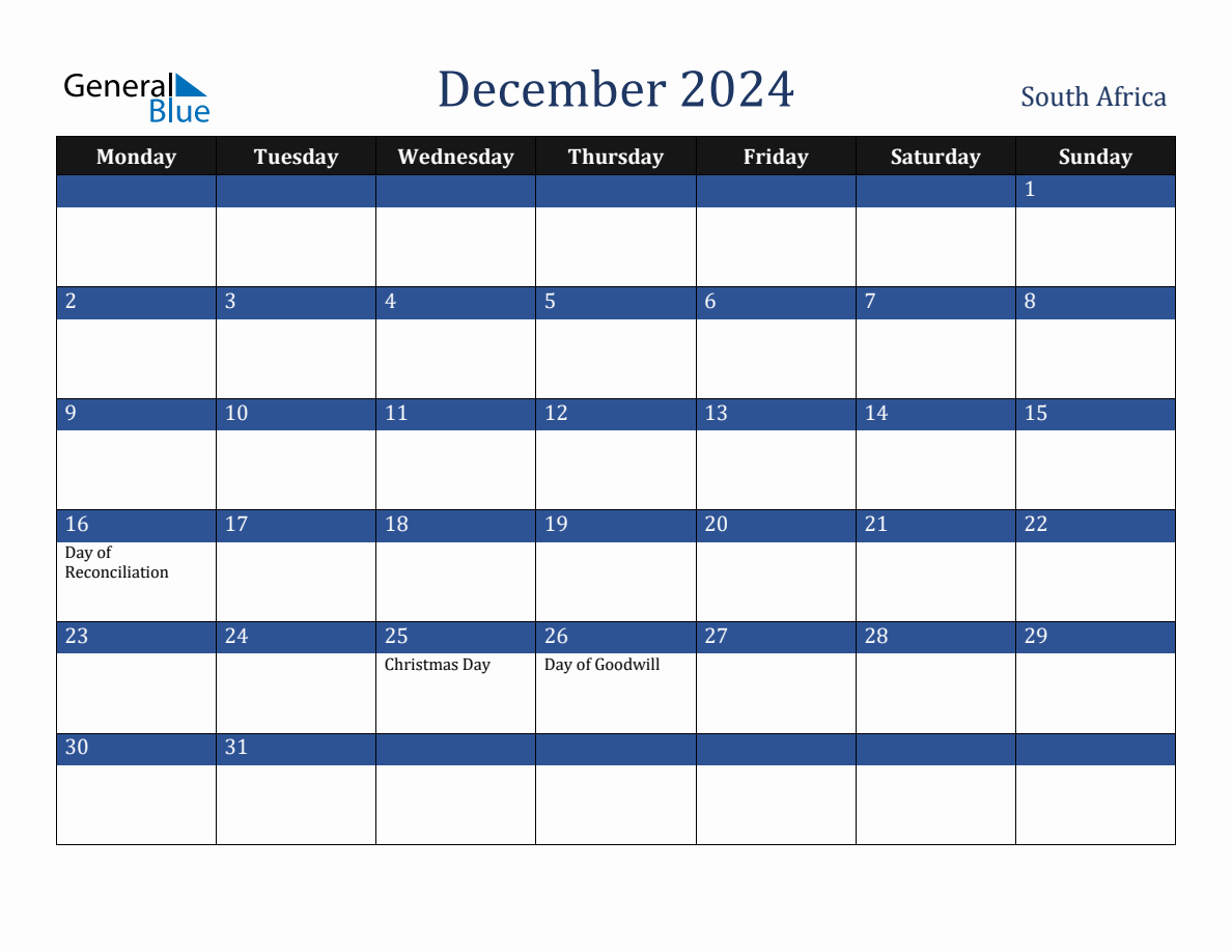December 2024 South Africa Holiday Calendar