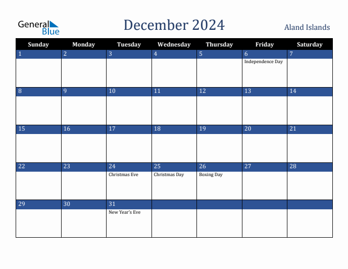 December 2024 Aland Islands Calendar (Sunday Start)
