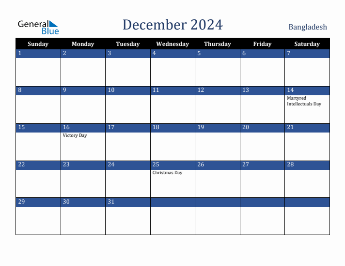 December 2024 Bangladesh Calendar (Sunday Start)