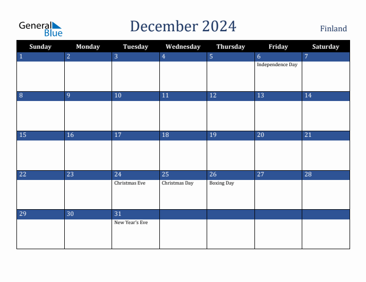 December 2024 Finland Calendar (Sunday Start)