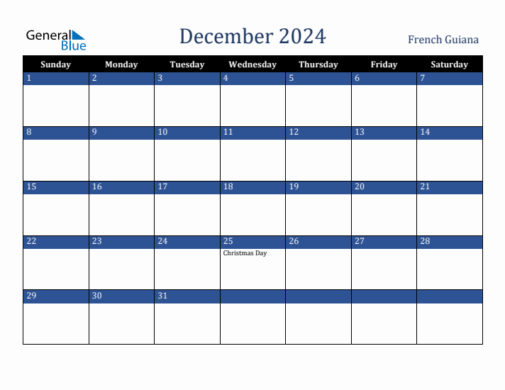 December 2024 French Guiana Calendar (Sunday Start)