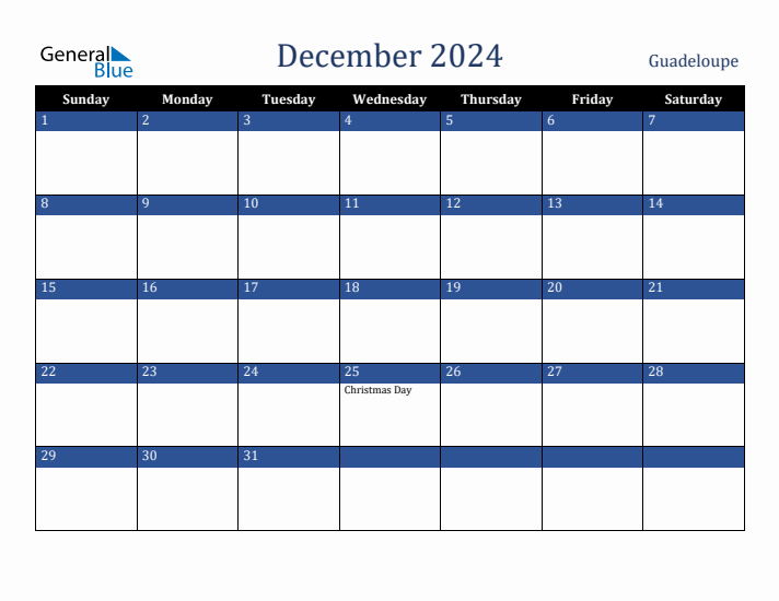 December 2024 Guadeloupe Calendar (Sunday Start)