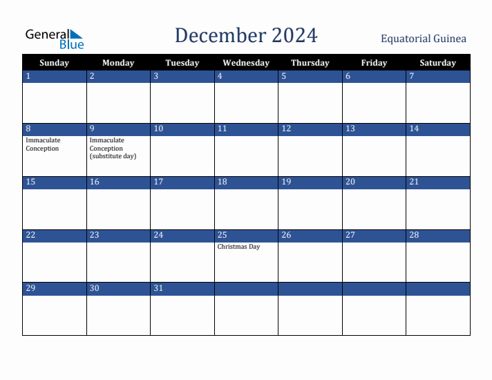 December 2024 Equatorial Guinea Calendar (Sunday Start)