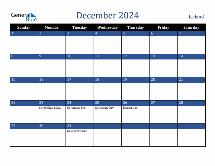 December 2024 Iceland Calendar (Sunday Start)