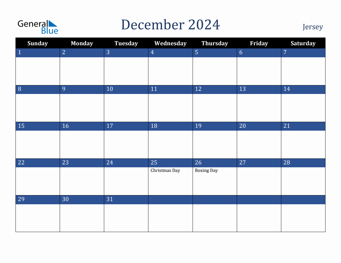 December 2024 Jersey Holiday Calendar