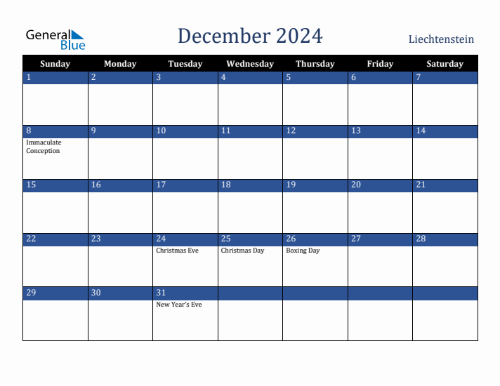 December 2024 Liechtenstein Calendar (Sunday Start)