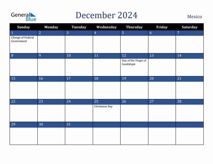 December 2024 Mexico Calendar (Sunday Start)