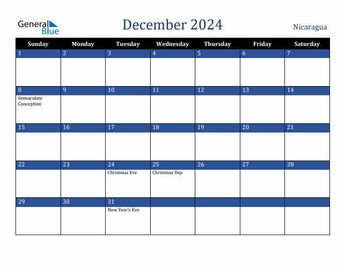 December 2024 Nicaragua Calendar (Sunday Start)