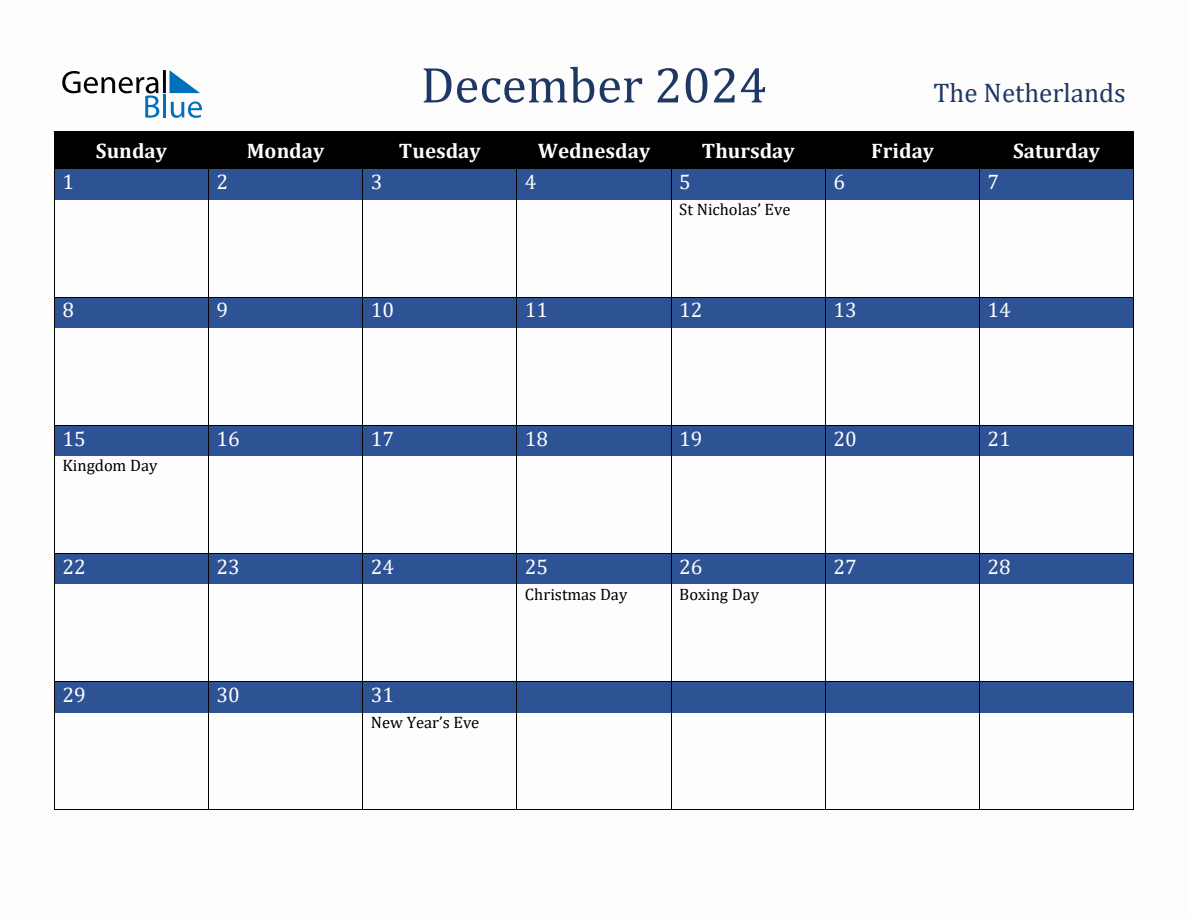 December 2024 Netherlands Holiday Calendar
