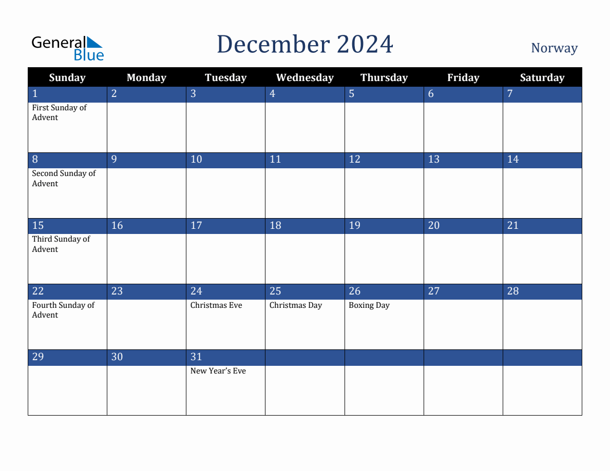 December 2024 Norway Holiday Calendar