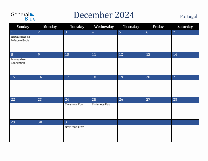 December 2024 Portugal Calendar (Sunday Start)