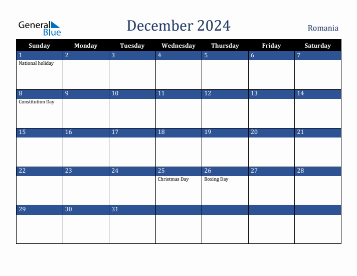 December 2024 Romania Calendar (Sunday Start)