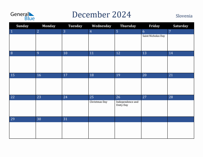 December 2024 Slovenia Calendar (Sunday Start)