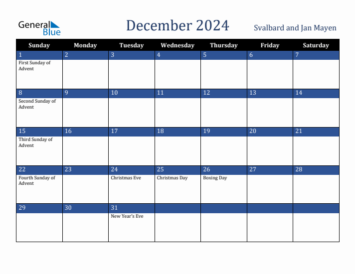 December 2024 Svalbard and Jan Mayen Calendar (Sunday Start)