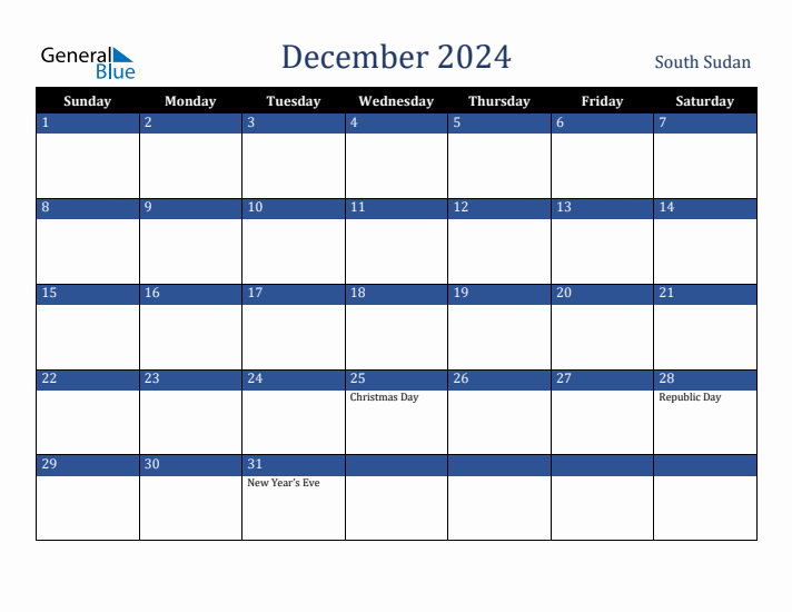December 2024 South Sudan Calendar (Sunday Start)