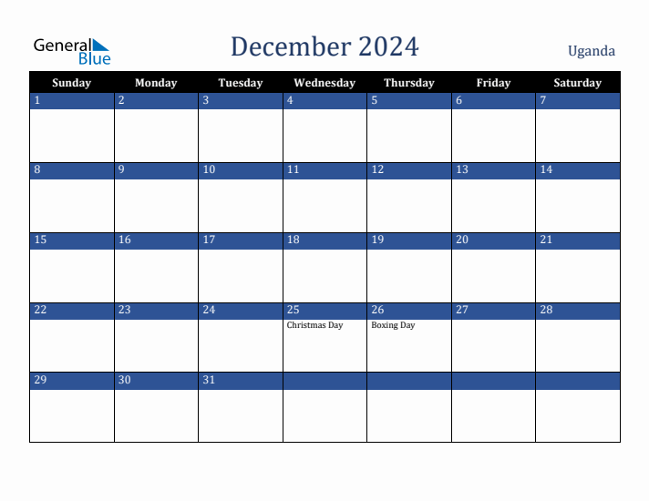 December 2024 Uganda Calendar (Sunday Start)