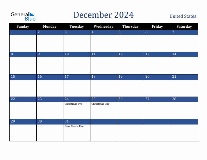December 2024 Monthly Calendar with United States Holidays