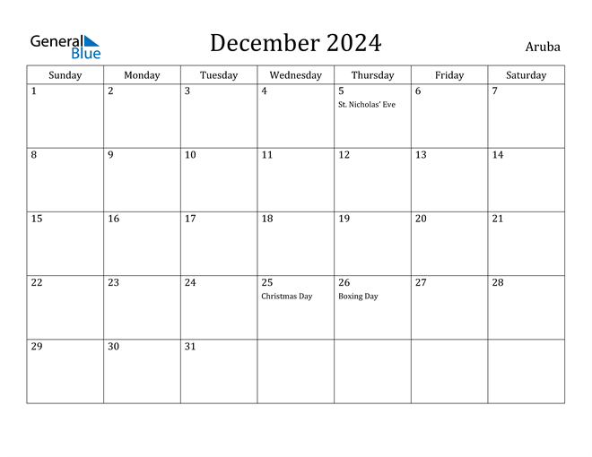 Aruba December 2024 Calendar with Holidays