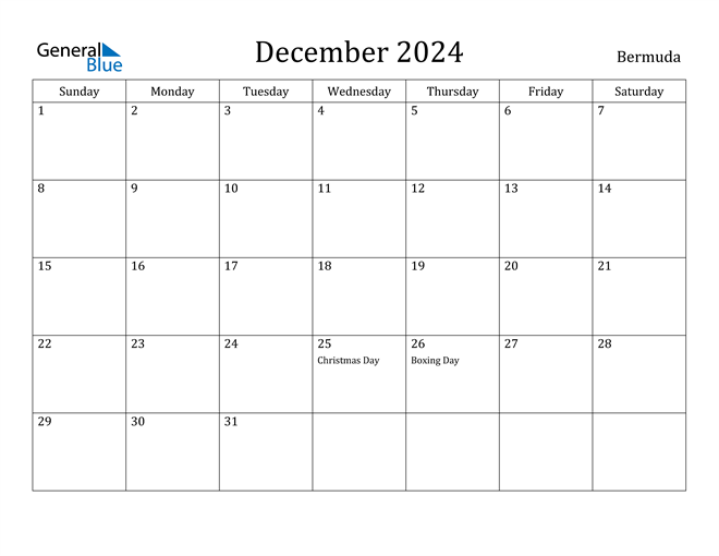 Bermuda December 2024 Calendar with Holidays