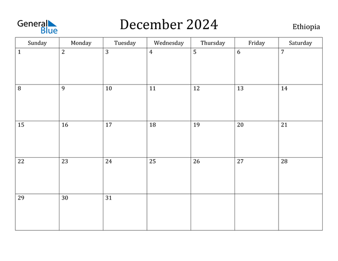 Ethiopia December 2024 Calendar with Holidays