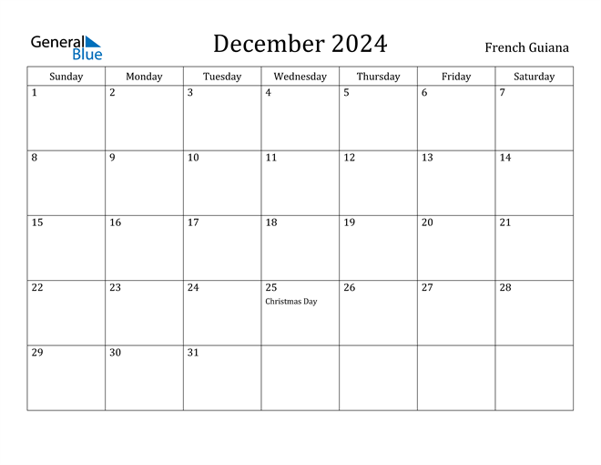 French Guiana December 2024 Calendar with Holidays