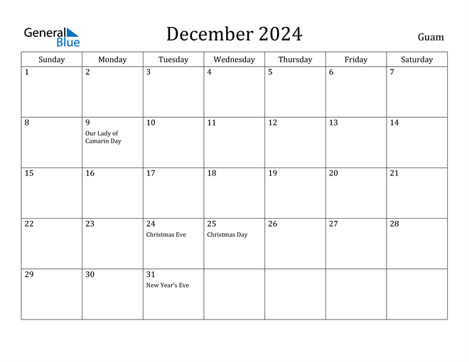 Guam December 2024 Calendar with Holidays