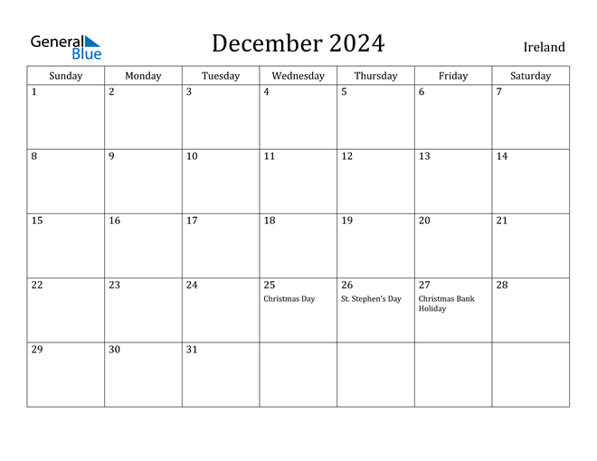 Ireland December 2024 Calendar with Holidays