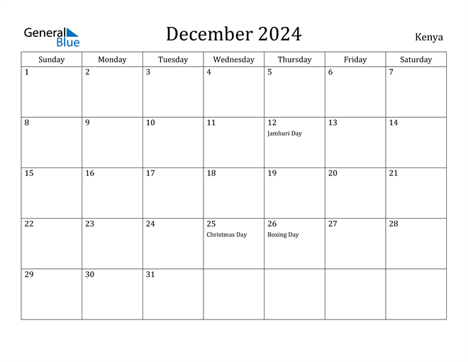 kenya december 2024 calendar with holidays