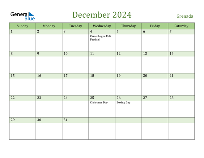 December 2024 Calendar with Grenada Holidays