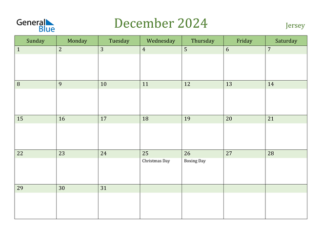 Jersey December 2024 Calendar with Holidays