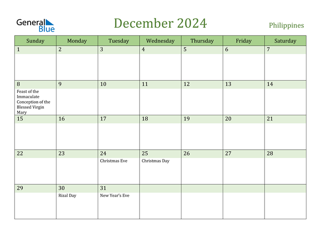 December 2024 Calendar with Philippines Holidays