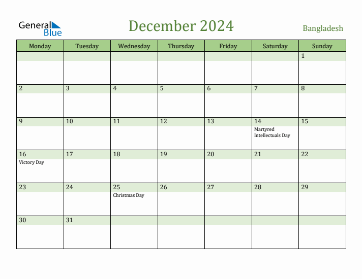 December 2024 Calendar with Bangladesh Holidays