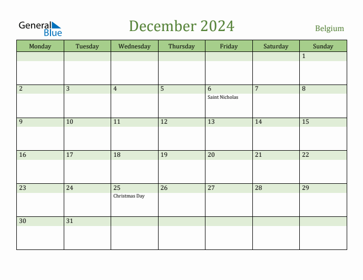 Fillable Holiday Calendar for Belgium December 2024