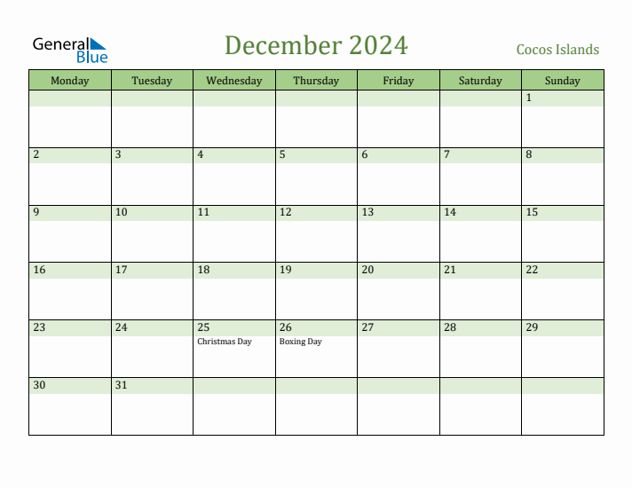 December 2024 Calendar with Cocos Islands Holidays