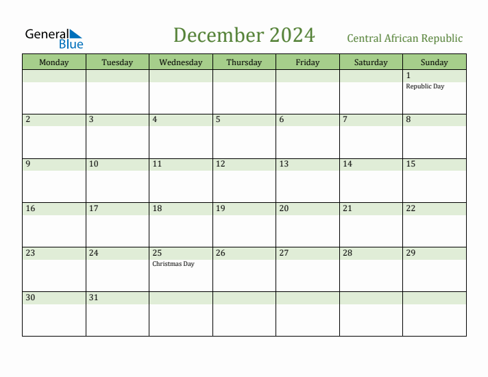 December 2024 Calendar with Central African Republic Holidays