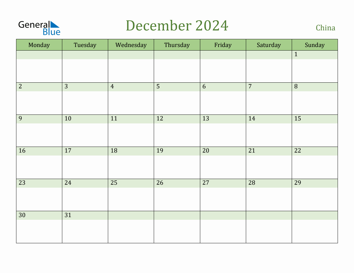 Fillable Holiday Calendar for China - December 2024