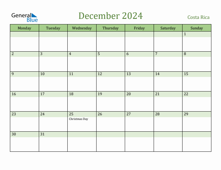 December 2024 Calendar with Costa Rica Holidays