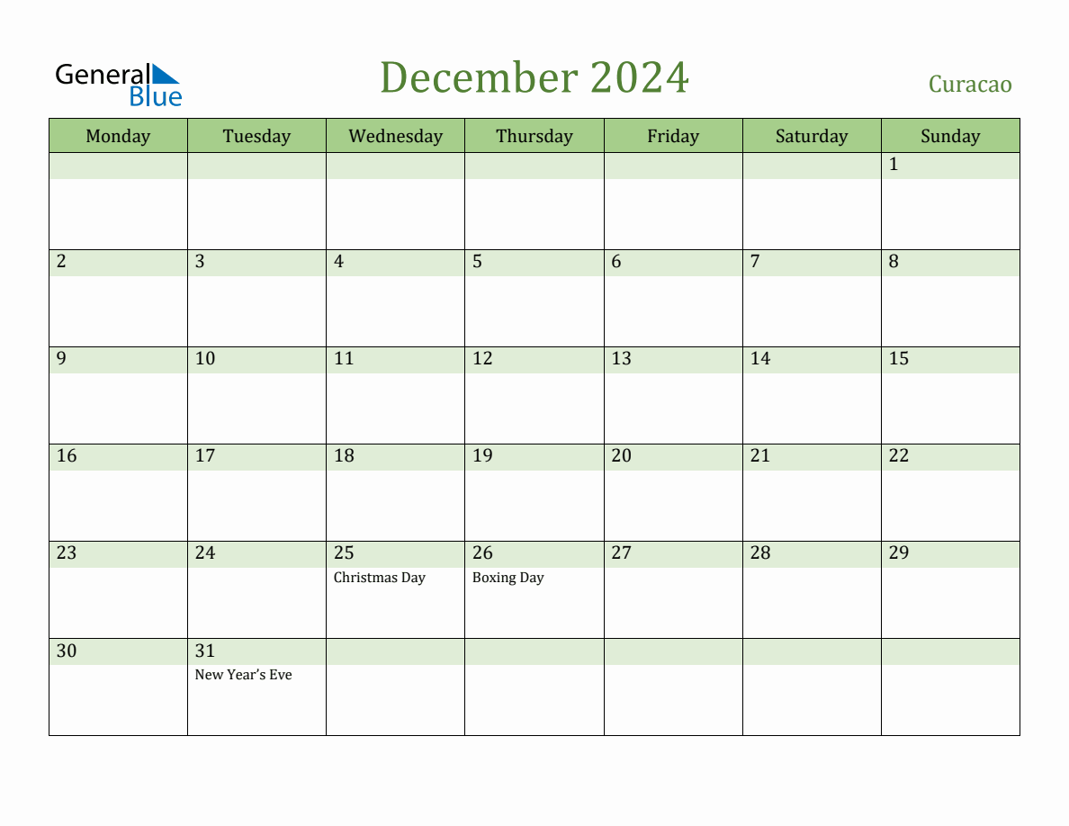 Fillable Holiday Calendar for Curacao - December 2024