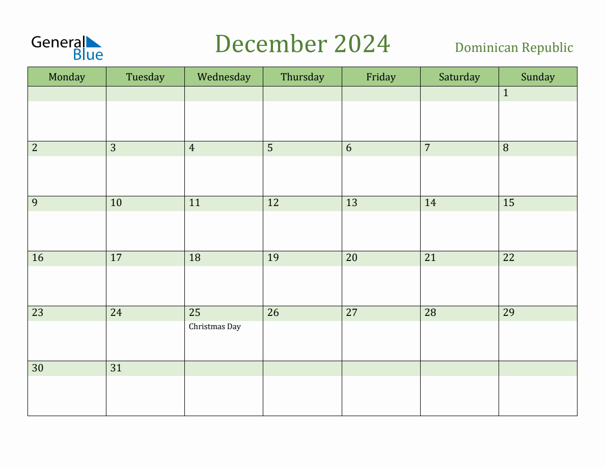 Fillable Holiday Calendar for Dominican Republic December 2024