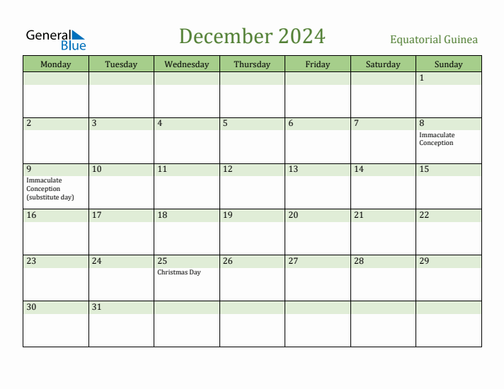 December 2024 Calendar with Equatorial Guinea Holidays