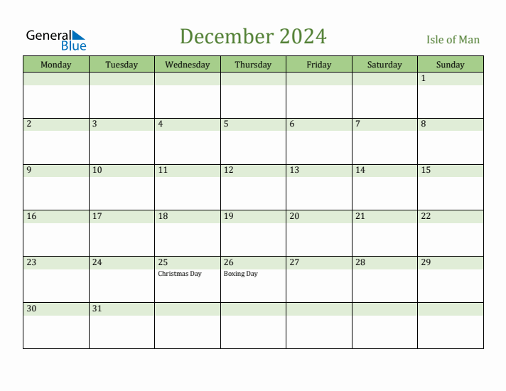 December 2024 Calendar with Isle of Man Holidays