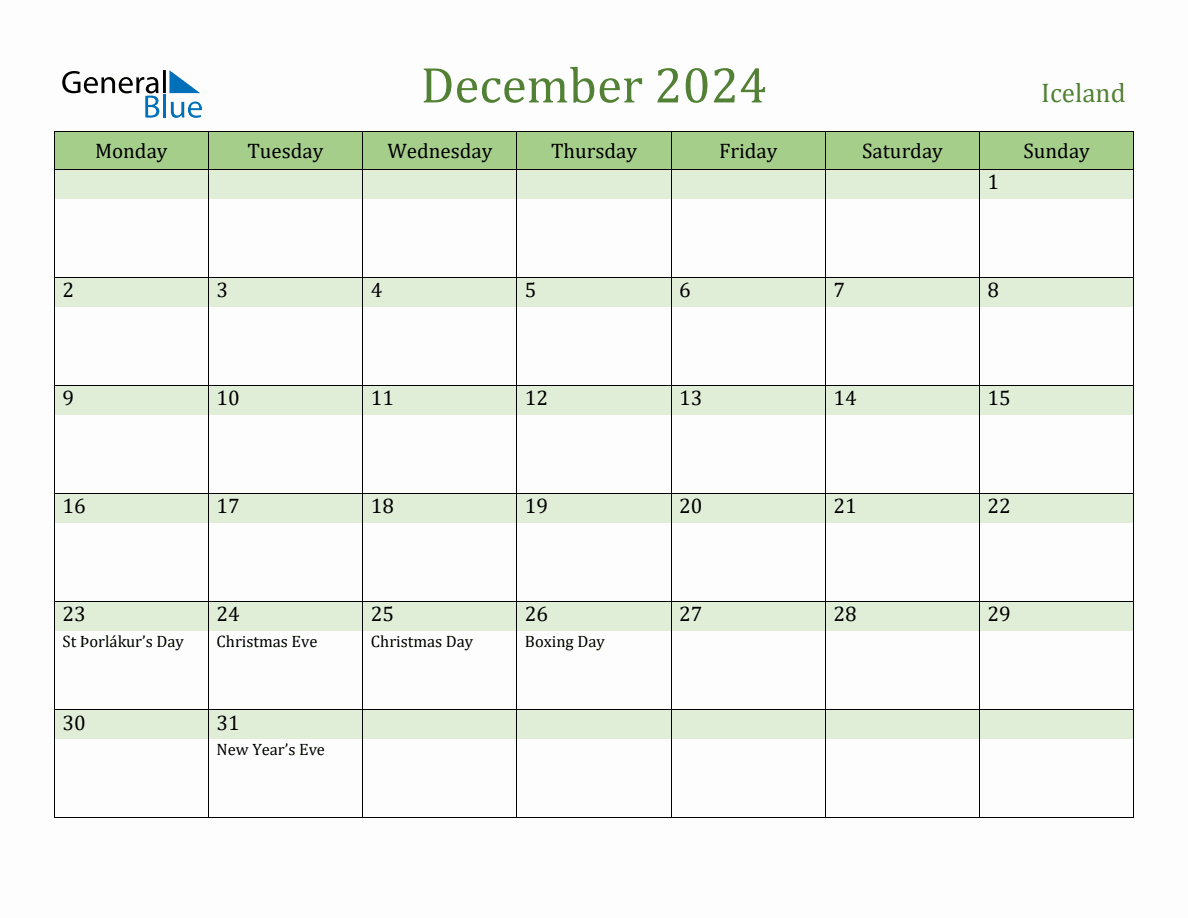 Fillable Holiday Calendar for Iceland December 2024