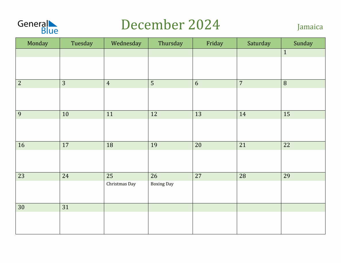 Fillable Holiday Calendar for Jamaica December 2024